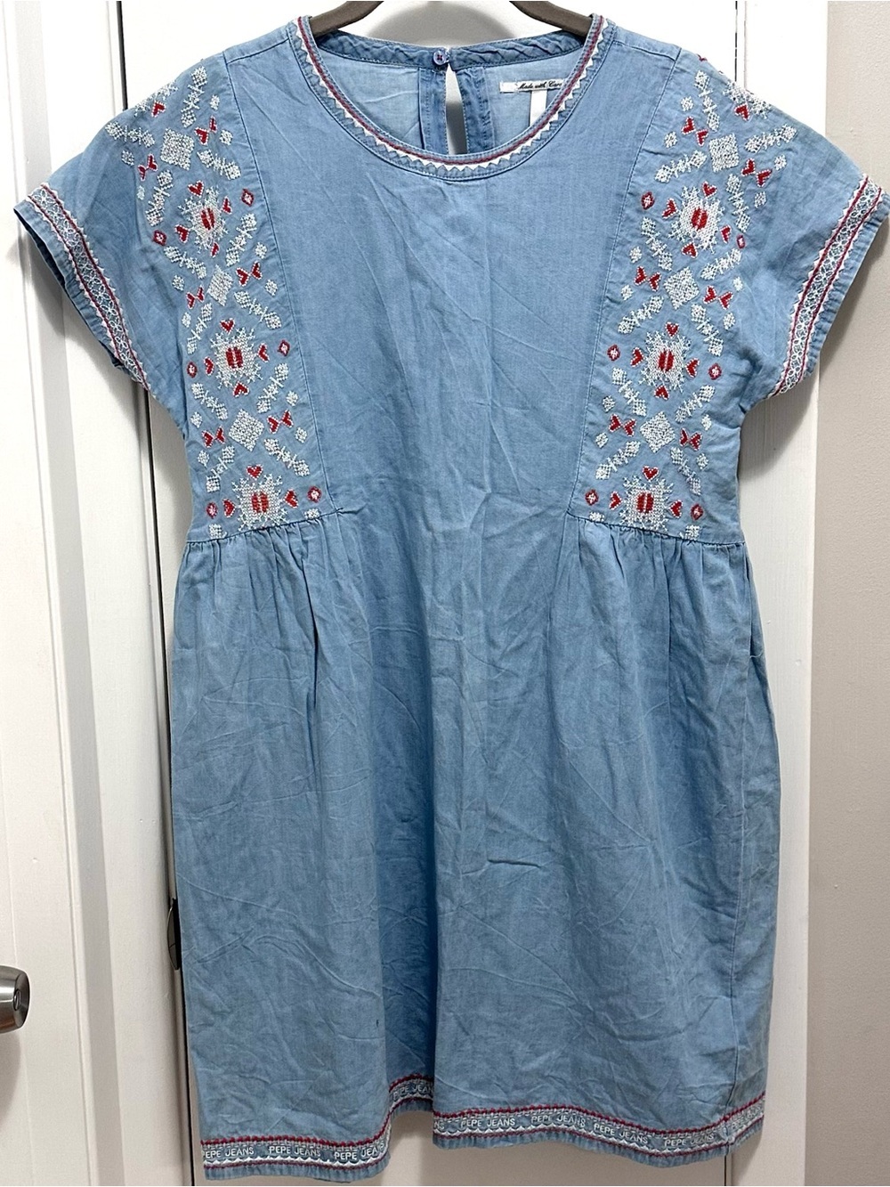 Pepe Jeans Jane Blue Denim Shift Dress 16 Girls Red White Embroidered Aztec